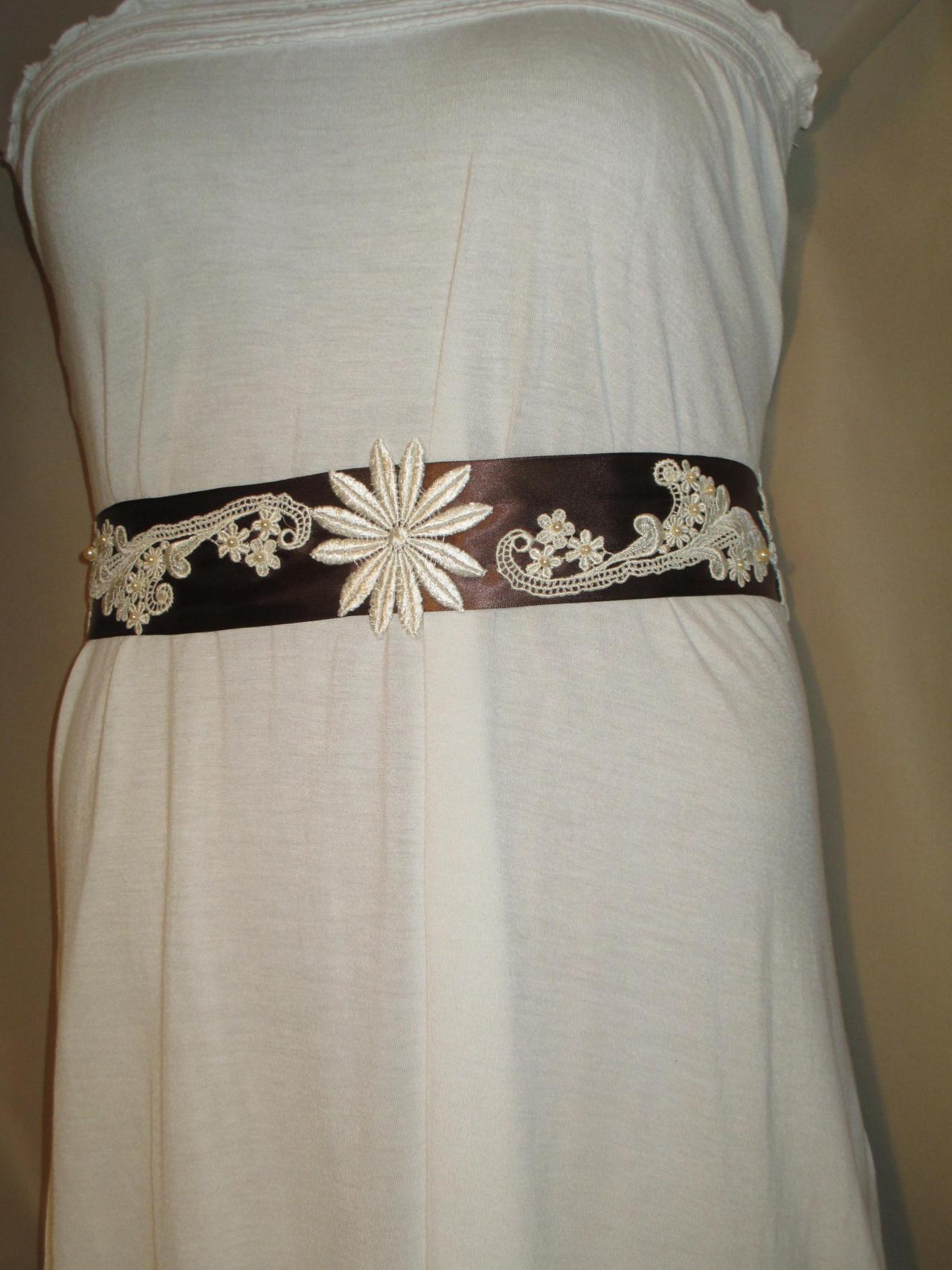 Bridal Sash - Wedding Sash - Brown Ribbon - Flower Appliques - Ivory Lace - Ivory Beads -dress Sash - Handmade In Colorado