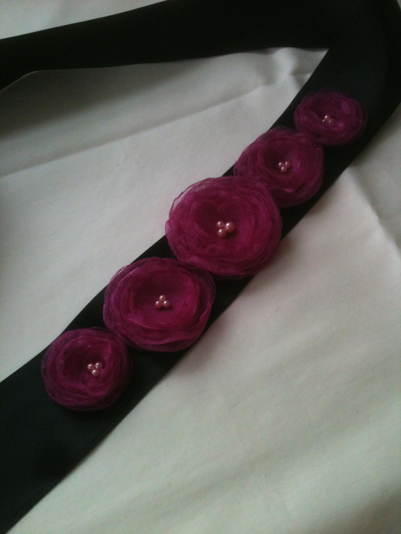 Bridal Sash - Wedding Sash - 5 Handmade Organza Flowers - Pink - Dress Sash - Handmade In Colorado