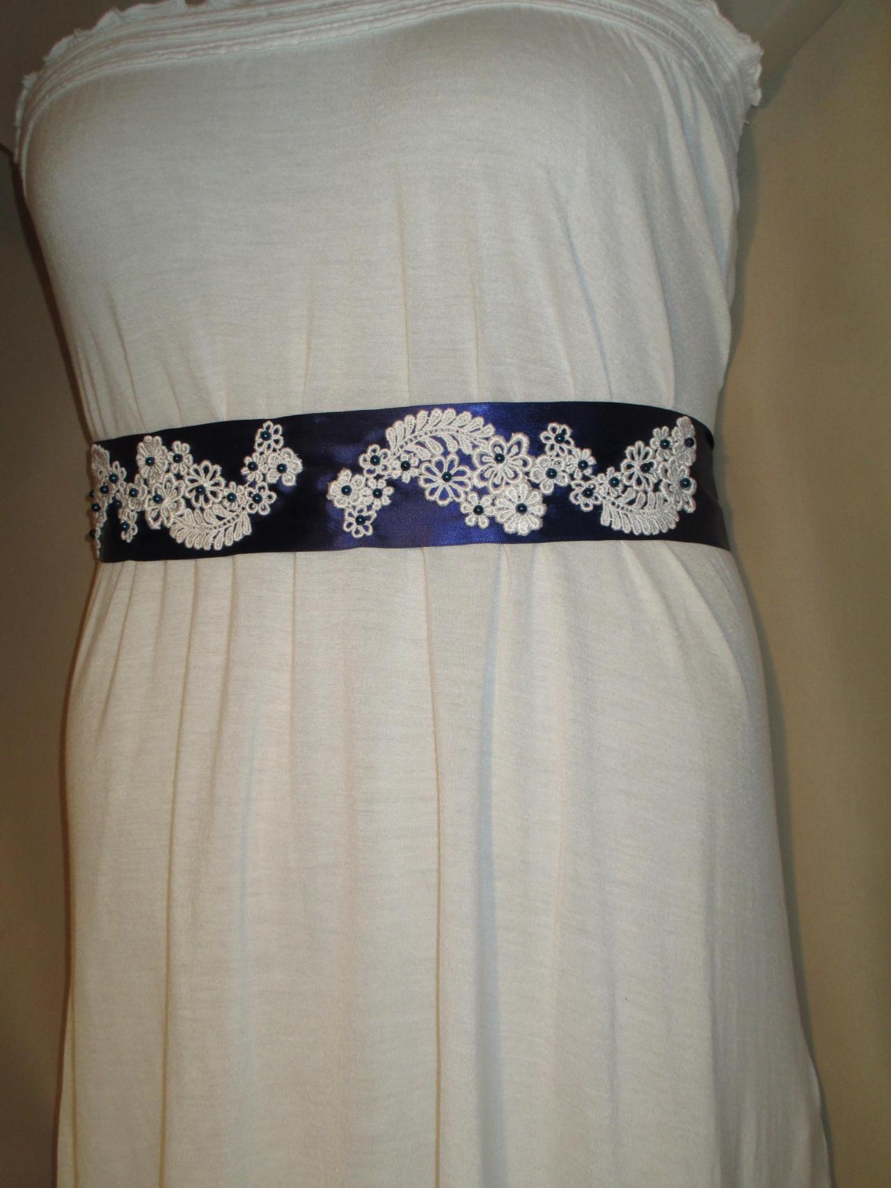 Bridal Sash - Wedding Sash - Blue Ribbon - White Lace - Blue Beads -dress Sash - Handmade In Colorado