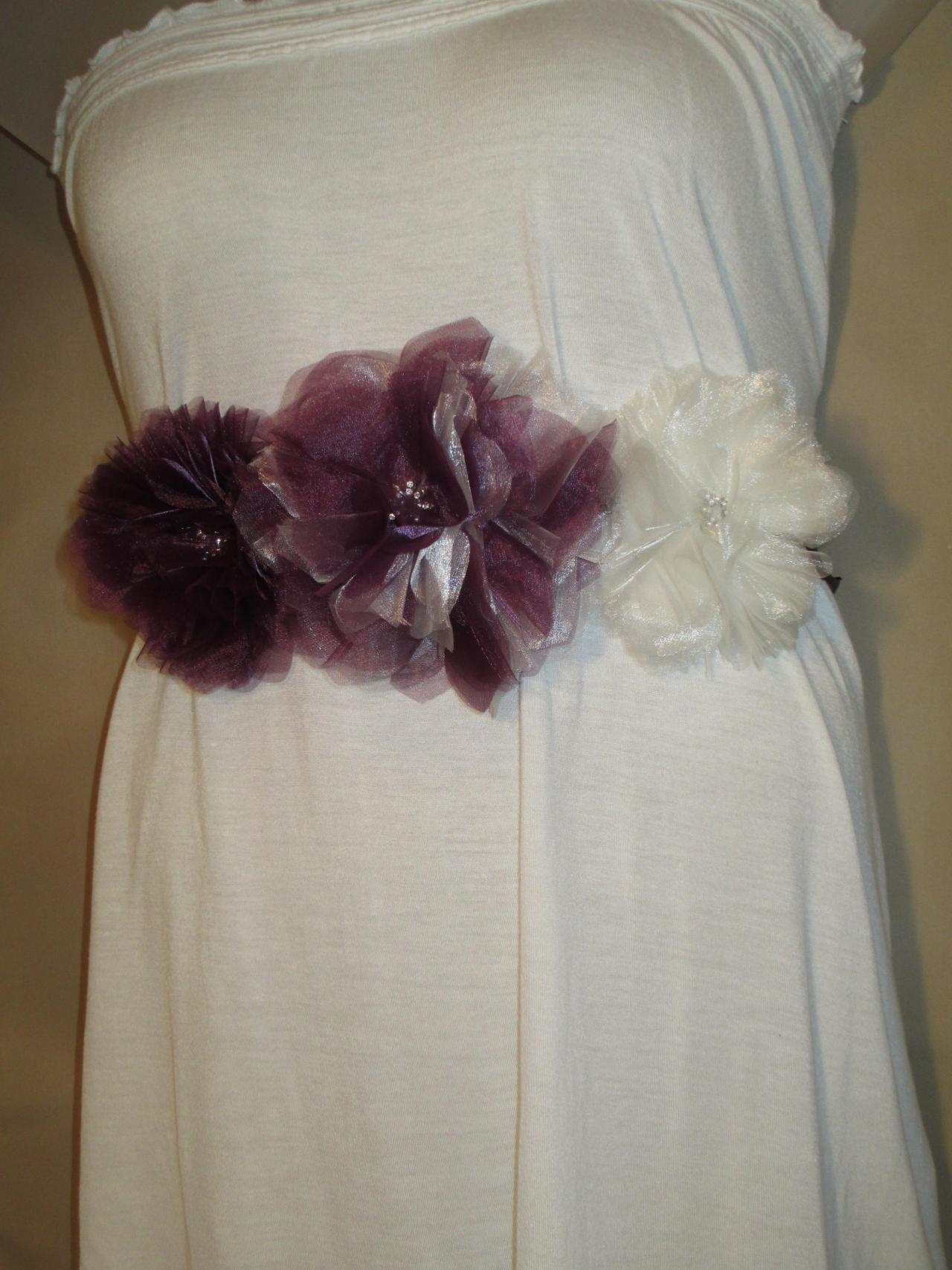Beautiful Eggplant And Ivory Bridal Sash With 3 Large Handmade Organza Flowers - Handmade In Colorado