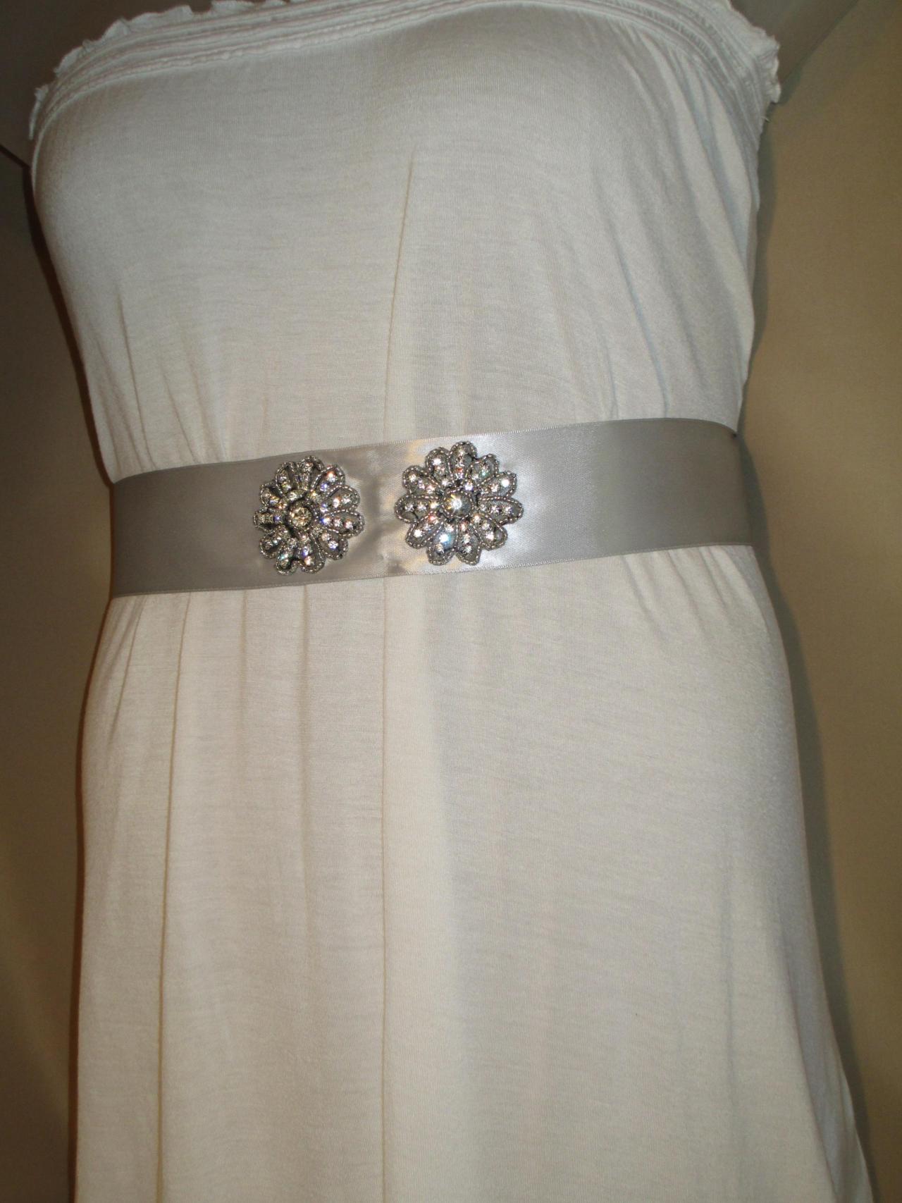 Bridal Sash - Wedding Sash - Gray/silver Ribbon - Dress Sash - Rhinestone Applique Embellishment - Handmade In Colorado
