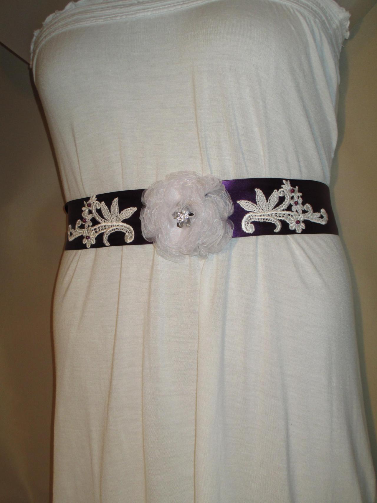 Bridal Sash - Wedding Sash - Eggplant Ribbon - White Lace - Purple Beads -dress Sash - Handmade In Colorado
