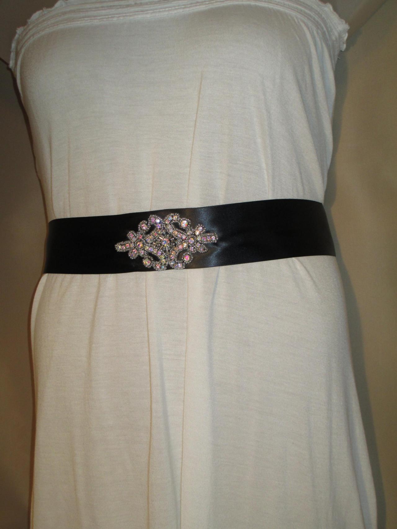 Bridal Sash - Wedding Sash - Black Ribbon - Dress Sash - Rhinestone Applique Embellishment - Handmade In Colorado