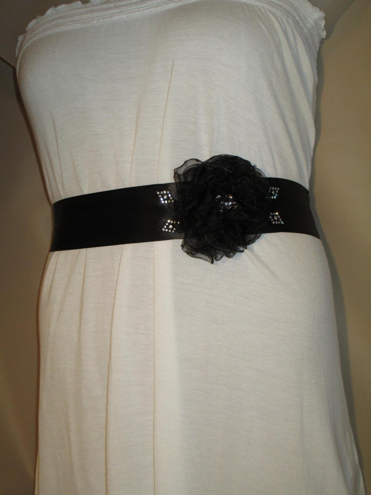 Bridal Sash - Wedding Sash - Black Ribbon - Dress Sash - Black Organza Flower - Rhinestone Embellishments - Handmade In Colorado